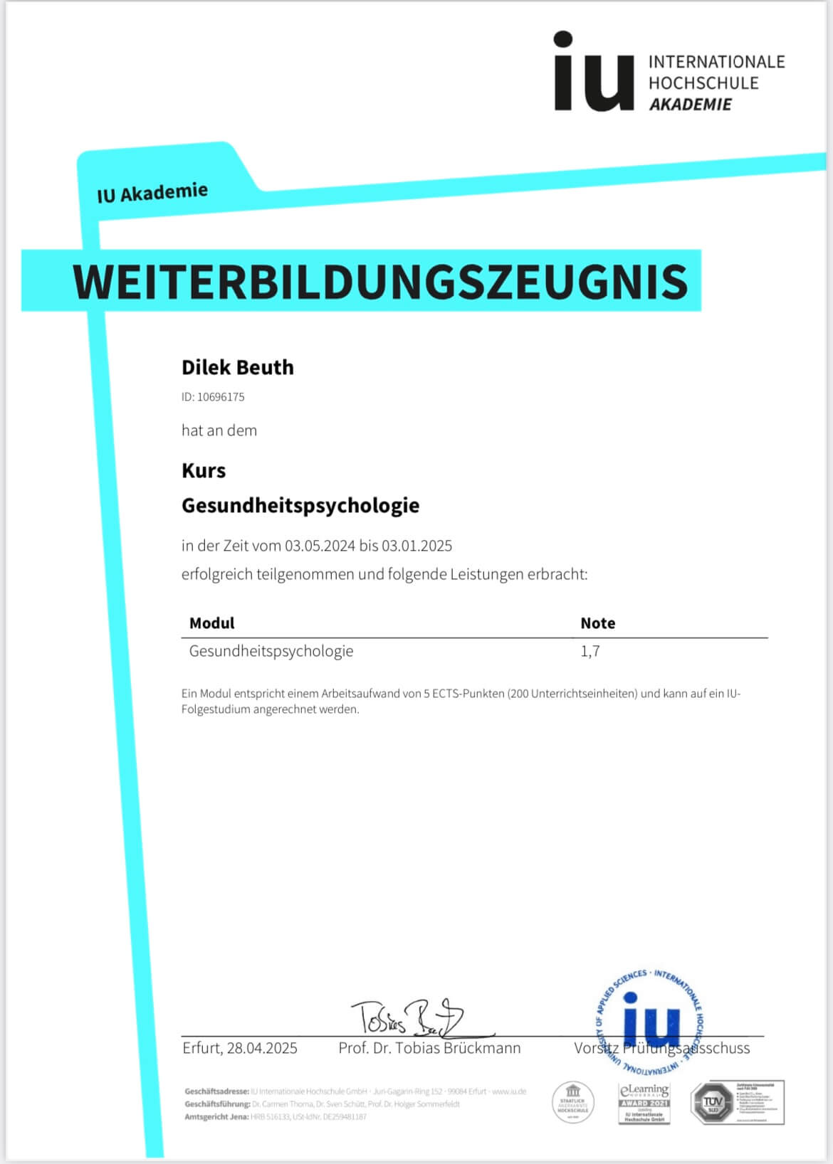 Gesundheitspsychologie_Zeugnis